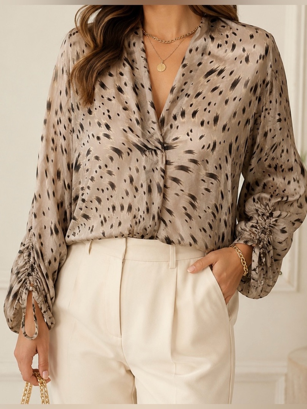 Tempo Paris Made in Italy Silk Blend Animal Print Blouse Long Sleeve sz Large